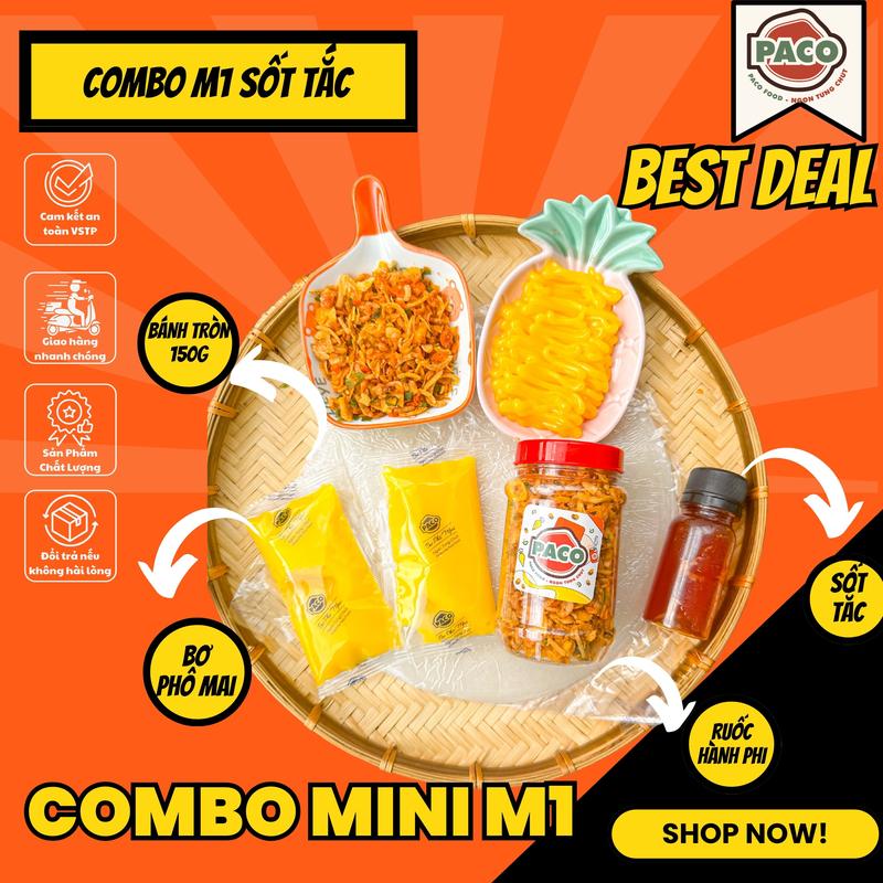 COMBO M1 4 món bánh tráng phơi sương gồm 150g bánh 2 túi bơ phô mai Paco Food 100g ruốc và 1 chai sốt-Đồ ăn vặt snacks