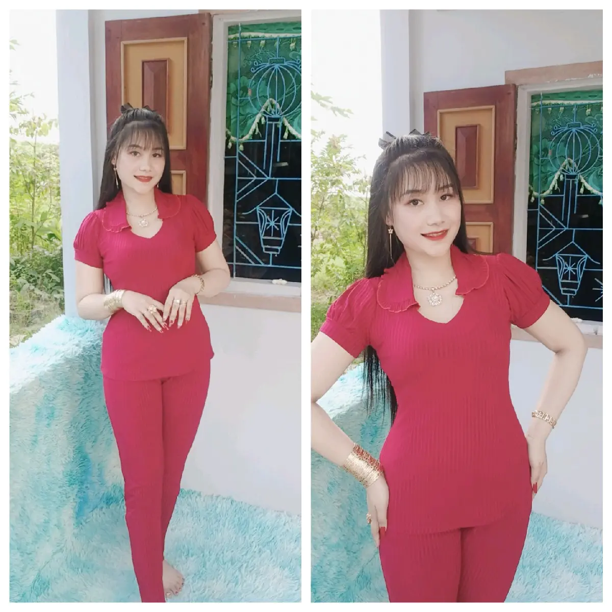 bộ thun gân đũa tay bo phồng cổ sen quầng dài  ống nhỏ Nữ