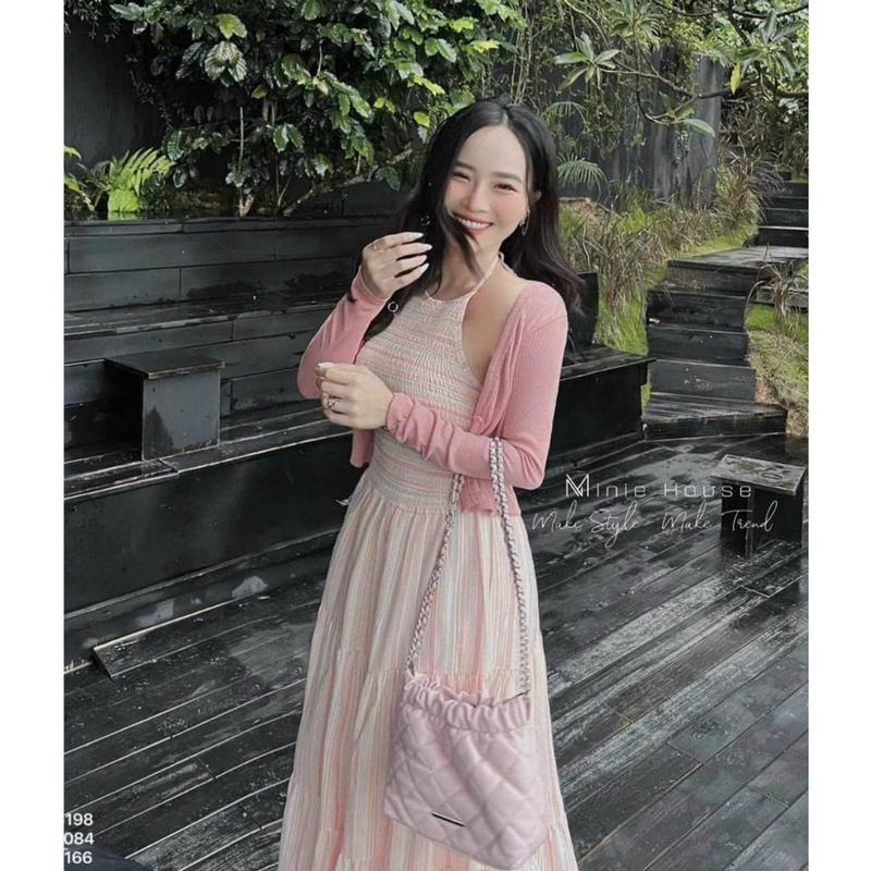 Đầm thời trang nữ mặc đi chơi chất linine cao cấp sọc caro cổ yếm dây đầm maxi kèm khoác borip tay dài váy 8
