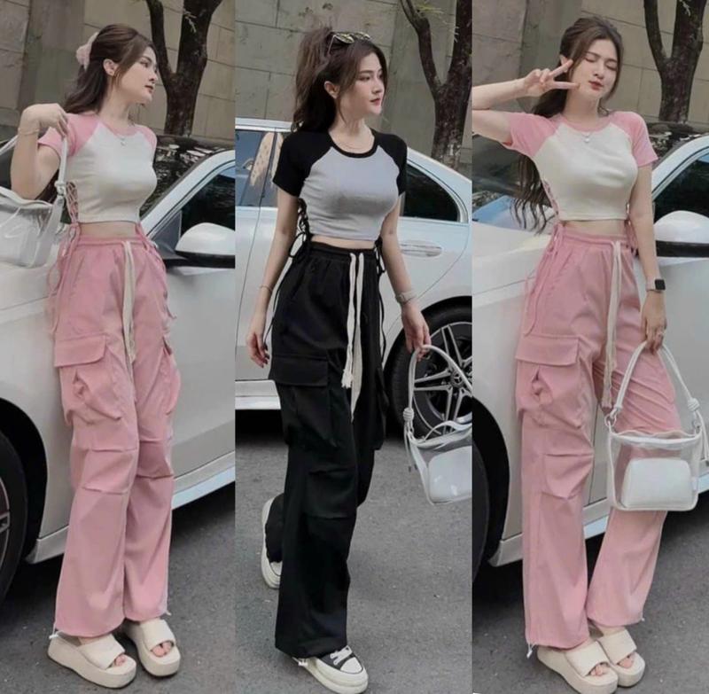 Quần túi hộp ống rộng vải kaki cạp chun dây rút gấu dáng suông dài Quần jogger ống rộng lưng cao chun bo gấu co giãn màu Đen kem hồng ghi Gym Sport Tập Gym