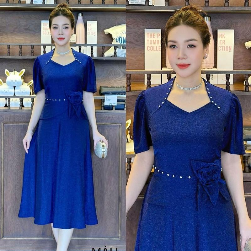 Đầm Đi Tiệc Mã VH732 Dáng Lững Cổ Nữ Hoàng Chất Nhũ Đính Ngọc Thủ Công Co Giãn có size từ 48kg đến 75kg cho Nữ - Women Dress Thun váy mặc xoè chân 1