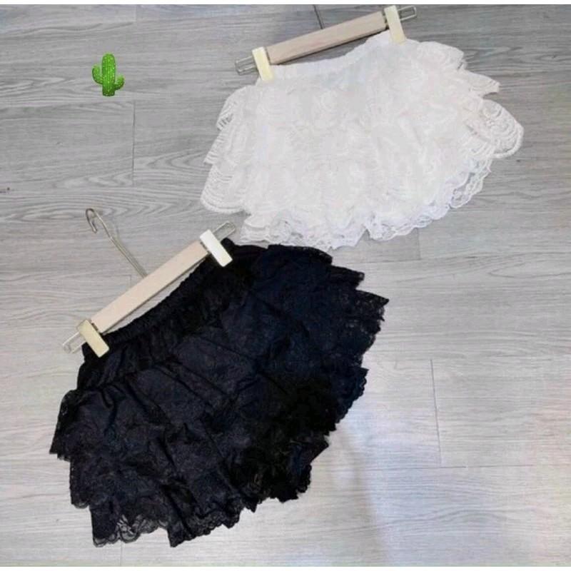 Chân Váy Ren Nhiều Tầng Lưng Thun Có Phối Quần Trong Cực Sang Trọng Nữ Women Voan Đen