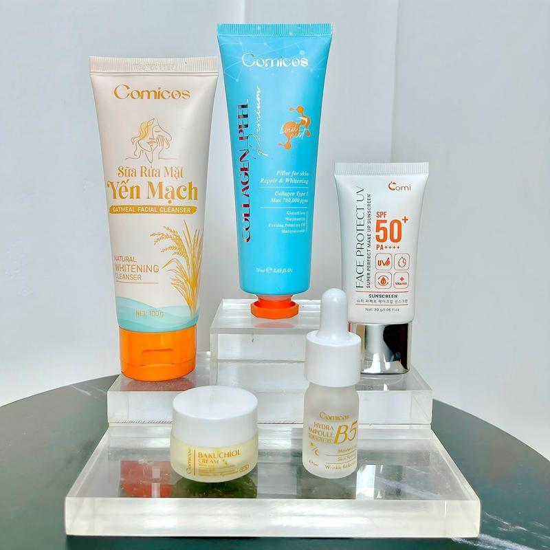COMBO (Mua 1 Được 5) PEEL COLLAGEN 4K + SERUM B5 + KEM FACE BAKUCHIOL + SỮA RỬA MẶT + KEM CHỐNG NẮNG Skincare Peel Da 1