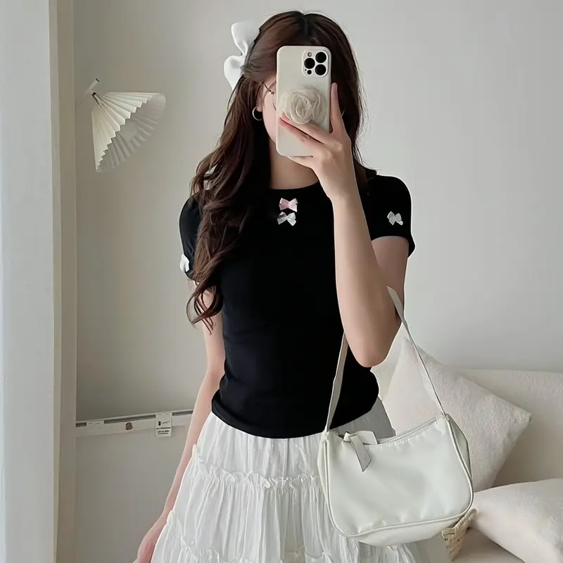 Áo Baby Tee - Đính nơ Ôm body - Chất Thun gân co giãn 1
