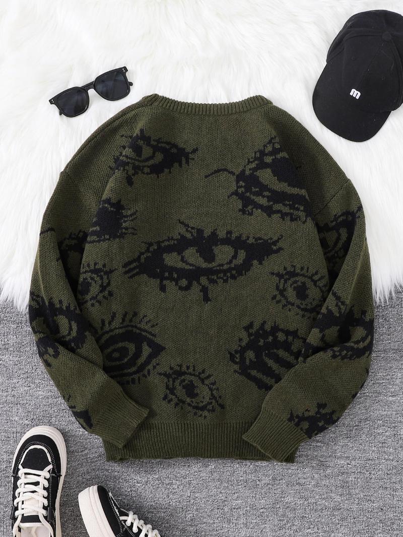 Product Introduction of Men's All Over Eye Print Drop Shoulder Sweater, Regular Fit Casual Long Sleeve Round Neck Jumper for Fall & Winter, Fashion Men's Knitwear for Daily Wear 1
