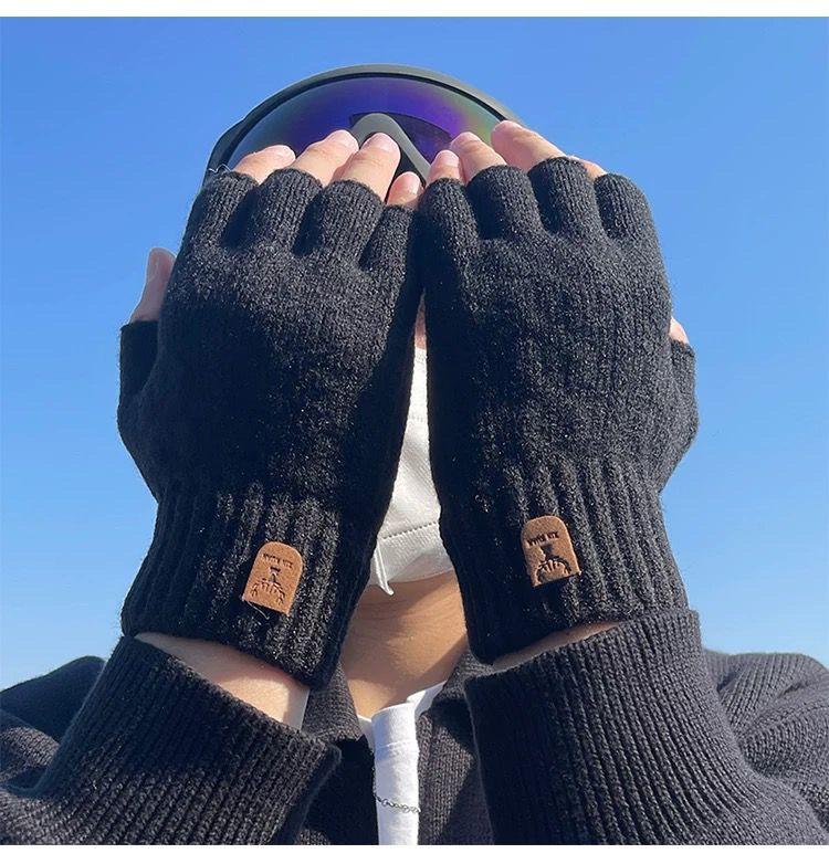 Product Introduction of 2024 Gloves Men's Open Finger Winter Half Finger Riding Student Writing Thick Wool Knitted Leaking Finger Cold-Proof Warm 14