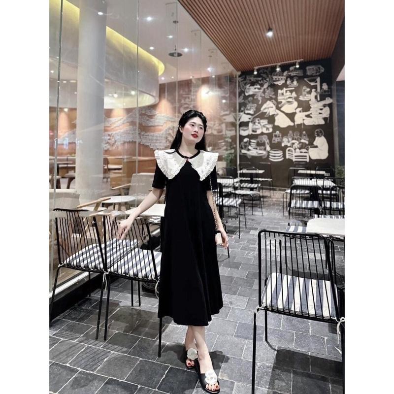 Váy bầu Thiết Kế Dáng Suông Cổ xoè Mặc Qua Đầu Gối Kiểu dáng sang chảnh Hè Mát mẻ Nữ ,Màu Đen đầm bầu dự tiệc