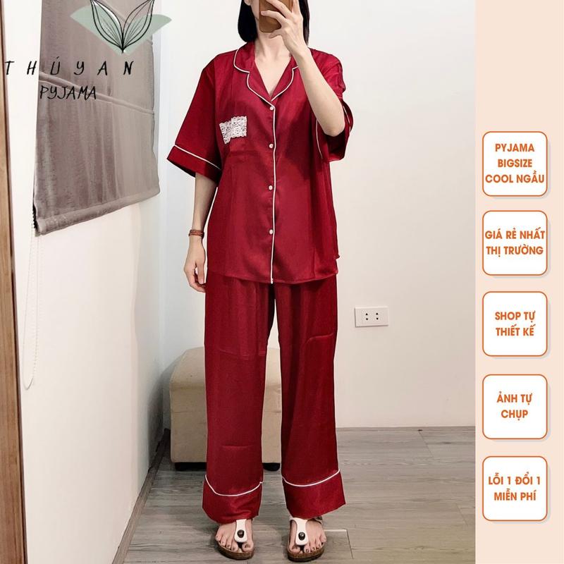 Bộ Pijama Bigsize cộc dài lụa xước vân gỗ màu đỏ đô mặc nhà giá rẻ dành cho nữ 40kg - 65kg mẹ bầu từ 60kg - 90kg.