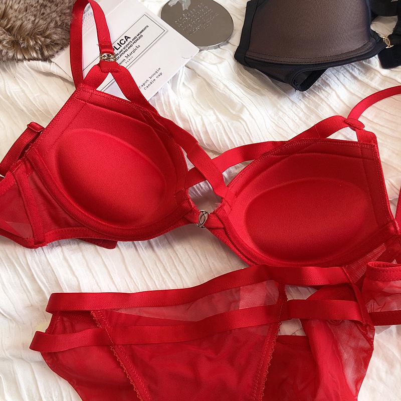 Product Introduction of BCD Big Size Hollow Out Belt Women Sexy Underwear Sets Adjustable Lingerie Fashion Intimates Thin Thicken Push Up Bra Panties Black White Red 26
