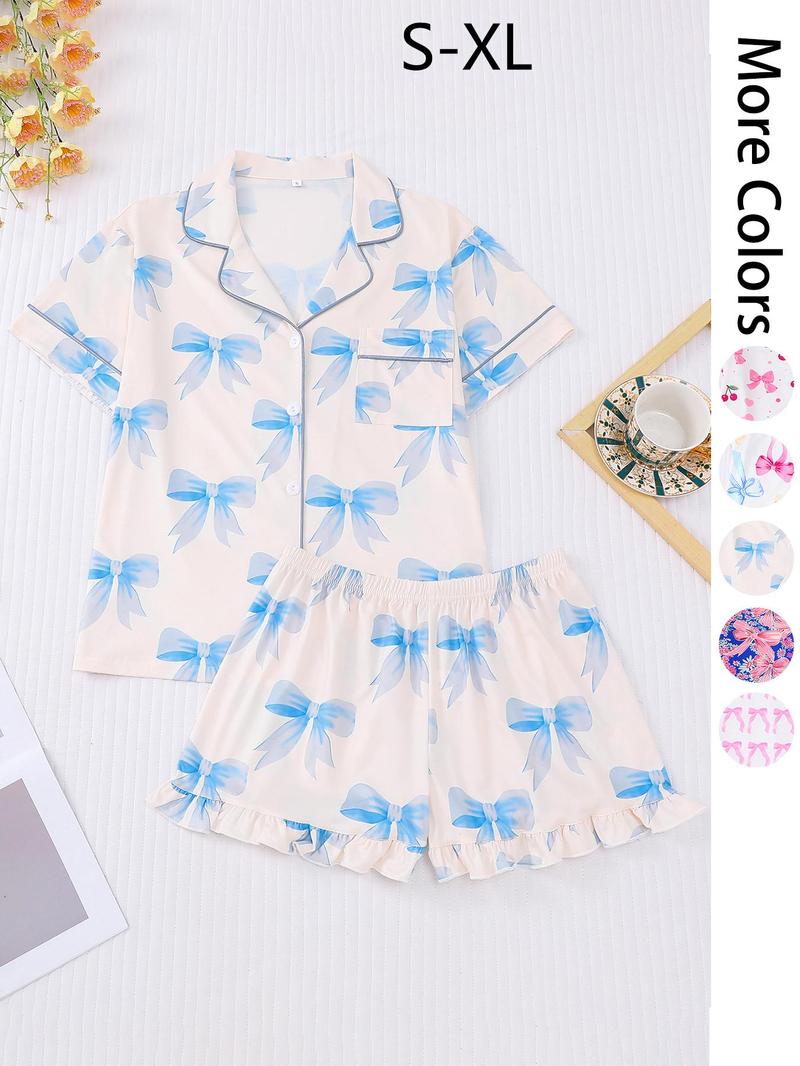 Product Introduction of Women's All Over Print Pajama Set, Casual Comfy Short Sleeve Lapel Neckline Pocket Shirt & Shorts PJ Set, Ladies Summer Sleepwear 1