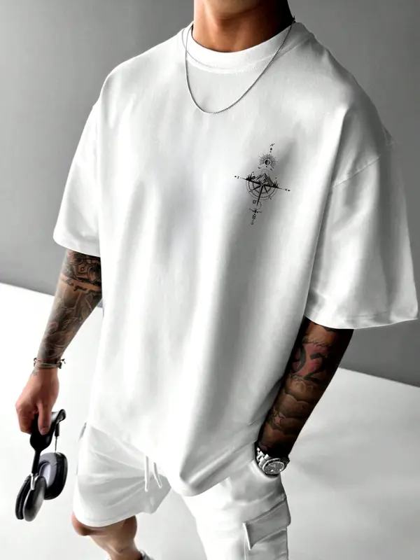 Men's Compass & Mountain Print Round Neck Tee, Loose Casual Short Sleeve T-shirt for Summer, Men's Top for Daily Wear 1