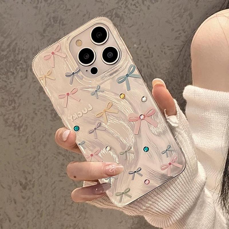 Bowknot Pattern Phone Case, Faux Pearl Decorative Anti-fall Phone Protector Cover Compatible With iPhone 11 12 13 14 15 Pro Max Series, Gift, Smartphone, Protective 4