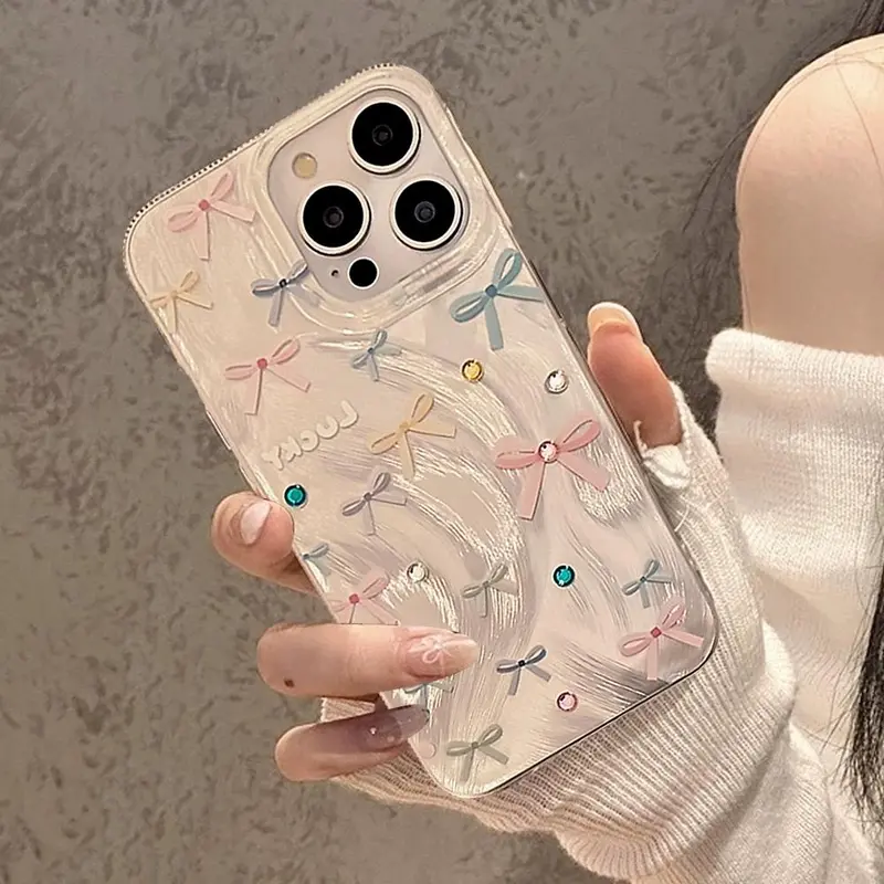 Bowknot Pattern Phone Case, Faux Pearl Decorative Anti-fall Phone Protector Cover Compatible With iPhone 11 12 13 14 15 Pro Max Series, Gift, Smartphone, Protective, Baby Pink 4