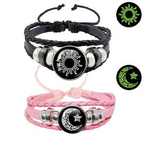 Luminous Sun and Moon Lovers Bracelet Unisex Retro Handmade Multi-layer Beaded Woven Leather Bracelet round jade pendant necklace part chinese elephant naruto khabalah charm eccedentesiast best friend blades rosary heart locket agueb sleepy bunny career