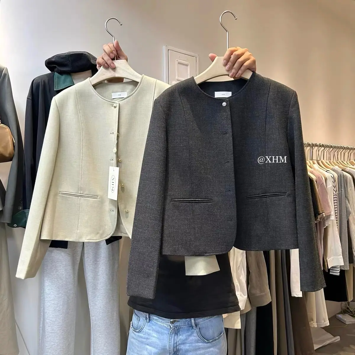 Áo khoác dạ Tweed XHM cúc đồng, trang phục mùa thu 2023, phong cách cổ điển, Hàn Quốc, kiểu Pháp
