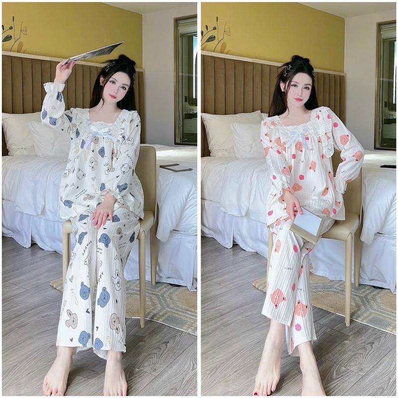 COMBO 2BỘ Bộ bầu - bộ sau sinh - BỘ ĐŨI GÂN DÀI HÌNH CỔ VUÔNG REN BÈO NƠ- nhiều màu áo có khoá kéo hai bên quần có chun chỉnh