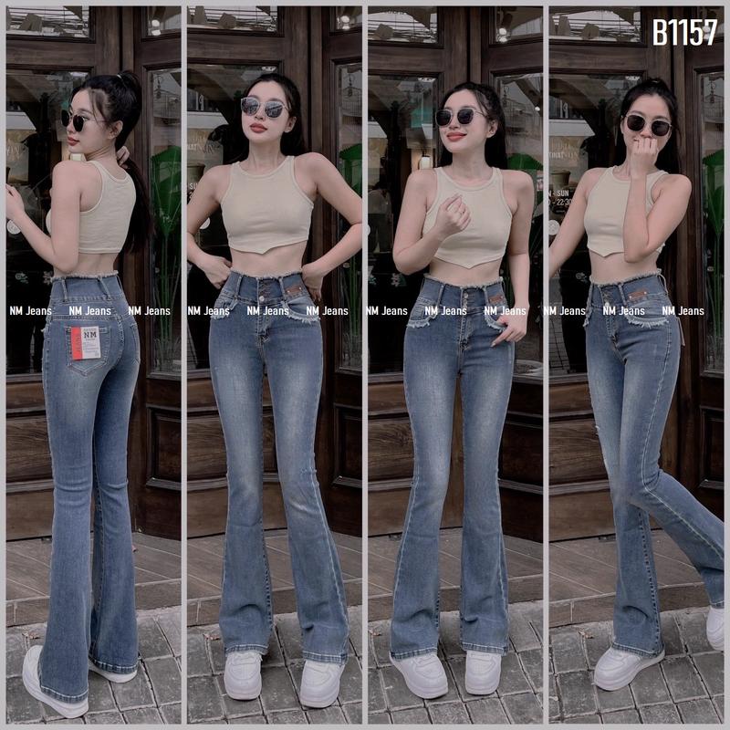Quần jeans nữ ống loe Pants tưa lưng 3 nút Cotton Thông thường Ôm gọn Trơn B1157 Trễ lưng Màu trắng Women quanjean den quần  jean Denim