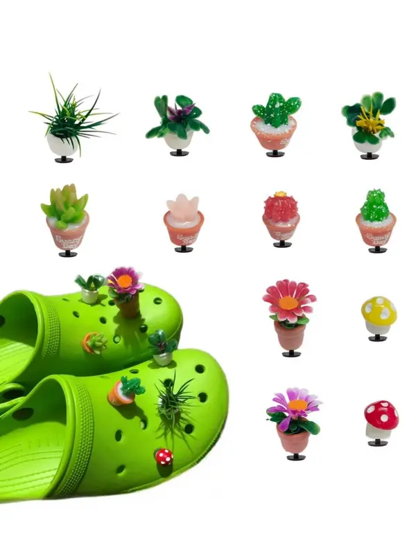 Women's Cute Pot Plants & Flower Design Clogs Charms, 12pcs/set Trendy Novelty Colorful Shoes Charms, Chic Shoes Accessories for Clogs Decor 0