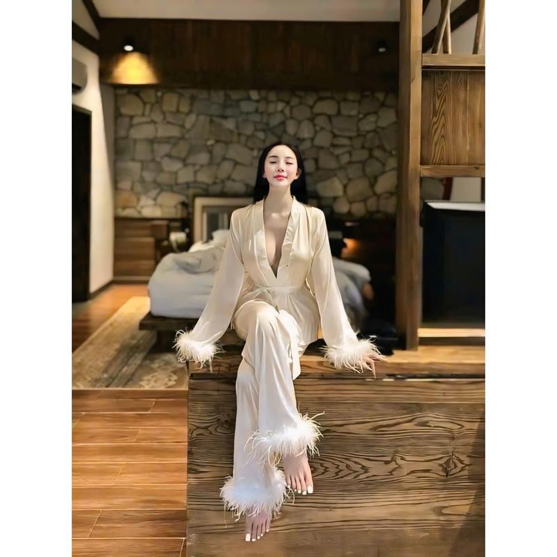 Đồ bộ mặc Pijama nữ nhà Osexy đính lông kiểu dáng kimono kèm dây cột tiện dụng hợp thời trang 4