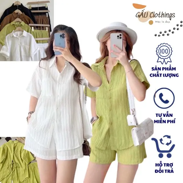 Set bộ áo sơ mi quần short chất đũi gân có Bigsize 75kg Áo sơmi cộc tay Lưng xẻ thắt nơ kèm quần đùi cạp chun co giãn