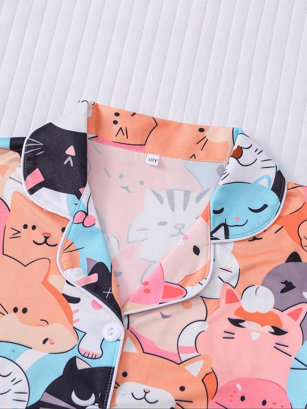 Girl's Cartoon Cat Print Lapel Neck Shirt & Shorts Two-piece Pajamas Set, Cute Casual Short Sleeve Top & Shorts, Kids Sleepwear for All Seasons 2