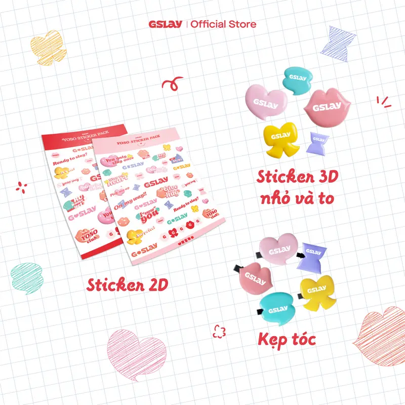 [QUÀ TẶNG-KHÔNG BÁN] Combo 04 quà tặng GSLAY YOSO bao gồm: Kẹp tóc trang điểm Hair Clip, Sticker 3D phồng (Large Size), Sticker 3D phồng (Small Size) và Sticker 2D 0