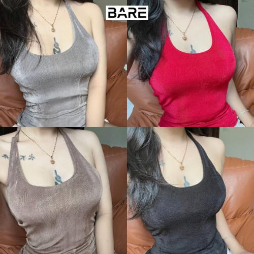BARE.Y2K_Áo Cổ Yếm Cột Dây Có Lớp Lót Chất Dệt Nhũ Ánh Kim_A292 Nữ Women Top Thun Voi Cotton Jean Cổ Tròn Voan 4
