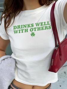 Women's St Patrick's Day Letter Print Crew Neck Tee, Casual Short Sleeve T-shirt for Summer, Women's Top for Daily Wear