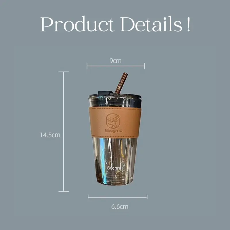 Tumbler Gelas Kaca Botol Minum Aesthetic Mug Kopi Cup Glass Dengan Case dan Sedotan 4