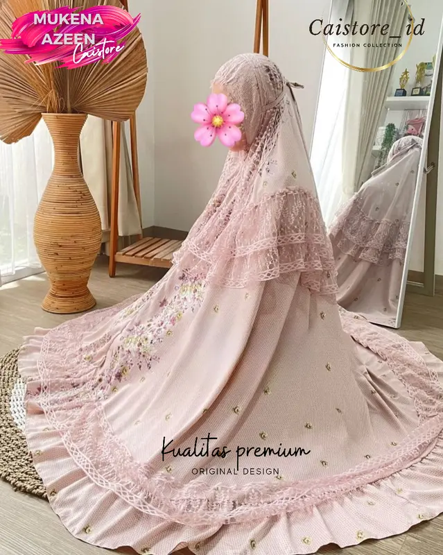 Mukena Azeen Alfurqon Dewasa Silk Renda Mewah Premium Cantik Adem Nyaman  Free Pouch Traveling Muslim Bawahan Atasan Kombinasi Bunga 6