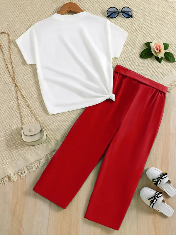 Two-piece Set Girl's Figure Letter Print Tee Top & Belted Straight Leg Pants Set, Round Neck Short Sleeve T-shirt & Elastic Waist Trousers for Daily Wear, Kid's Summer Clothes 5