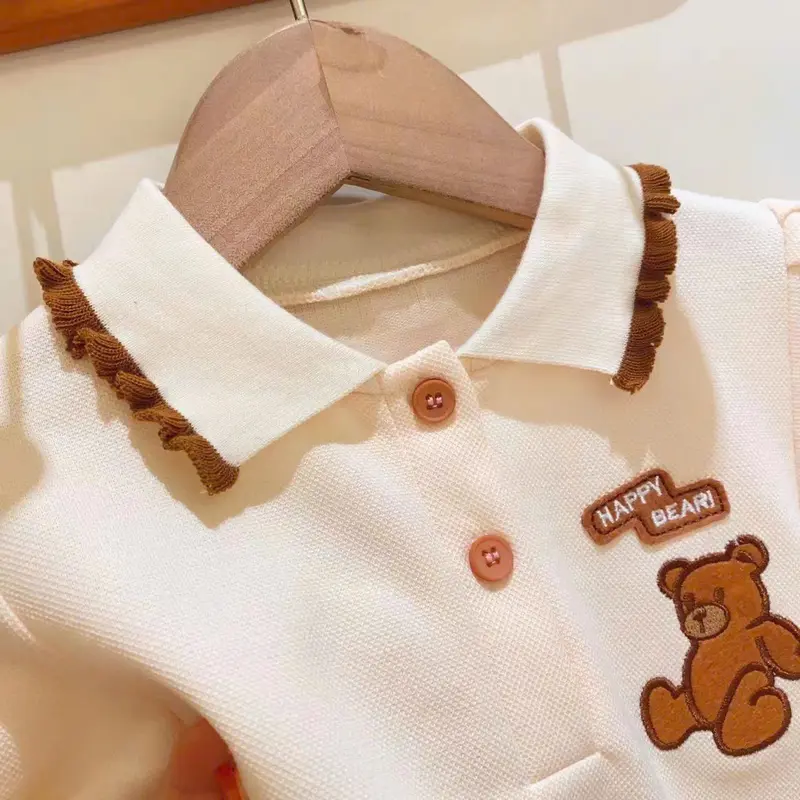 V023 - Váy Polo Thêu Gấu Dáng Xuông Cổ Viền Nâu Bé Gái (8-29kg) 3