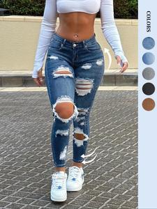 Women's Plain Distressed Destroyed Ripped Jeans, Y2K Fashion Casual Denim Pants for Daily Outdoor Wear, Women Denim for Spring & Fall, Ripped Skinny Stretchy Jeans