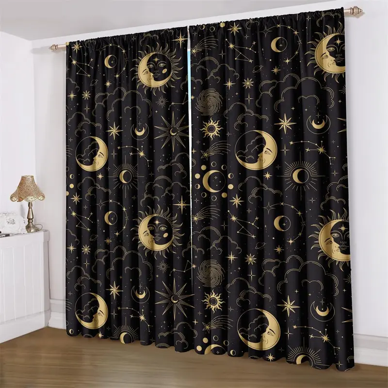 Star & Moon Pattern Curtain, 2 Counts/set Bohemian Fashion Digital Print Sun Moon Star Decoration Curtain, Suitable for Living Room Office Home Decoration 0
