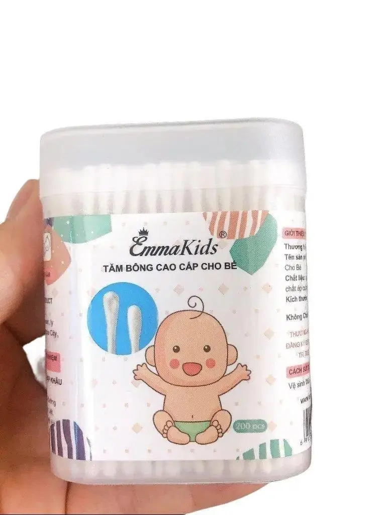 Hộp Tăm Bông Trẻ Em EmmaKids 2 Đầu Kháng Khuẩn Cho Bé Sơ Sinh Vệ Sinh Mũi, Tai, Không Chứa Cao Su