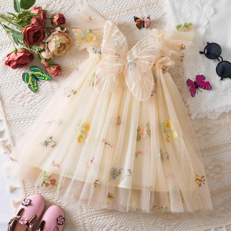 Butterfly Dress for Kids Girls 1-5 Years Ruffles Sweet Summer Mesh Dress Flower Embroidery Birthday Party Princess Dresses with Butterfly 5