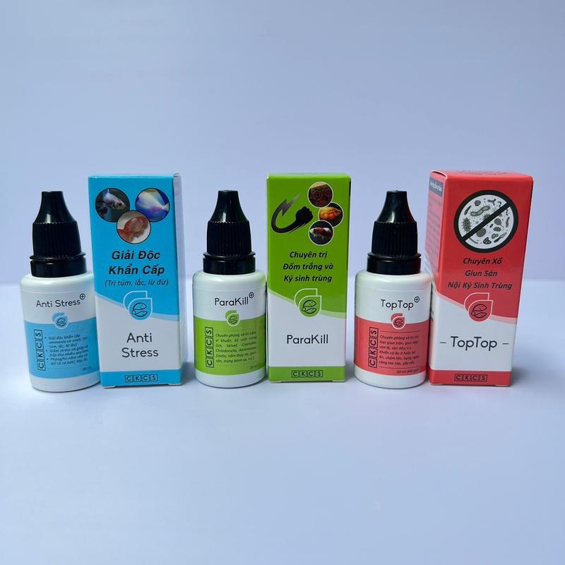 Anti Stress - Parakill - TopTop combo siêu đỉnh ( Dưỡng cá, phòng nấm, túm, lắc, lờ đờ, bỏ ăn, nằm đáy, xổ giun, sán, nội ký sinh trùng...) chai 20ml para  kill