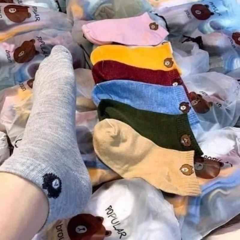 Combo 10 đôi tất nữ cổ ngắn hình gấu Brow vintage dễ thương phong cách Hàn Quốc chất Cotton Women