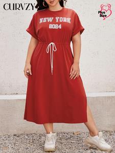 CURVZY Plus Size Letter & Figure Print Batwing Sleeve Split Thigh Dress, Casual Round Neck Drawstring A Line Dress for Summer, Women's Plus Clothing for Daily Wear