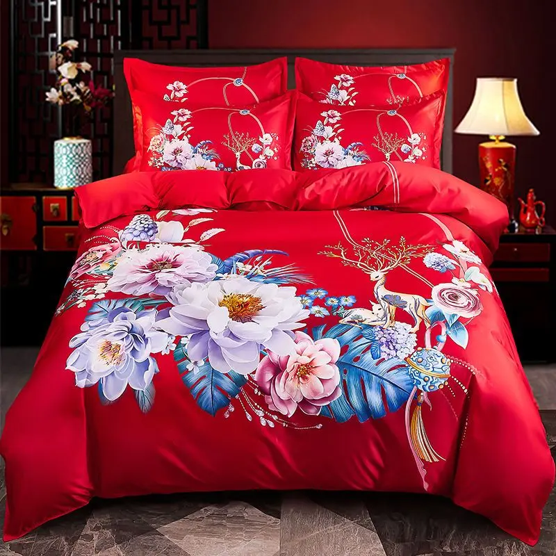 Bộ Bốn Món Đám Cưới, Màu Đỏ Tươi, Ga Trải Giường Dày, Vỏ Chăn, Vỏ Chăn Đôi, Bộ Đồ Giường, Hàng Mới Về, Thích Hợp Làm Quà Cưới 5