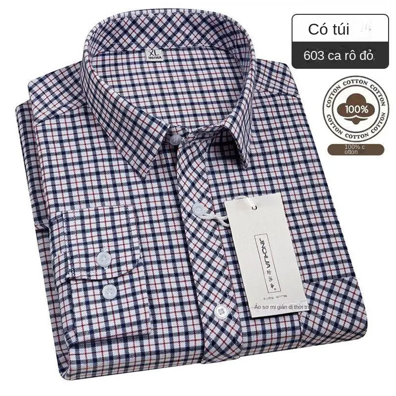 Áo Sơ Mi Kẻ Sọc Dài Tay Cotton Nguyên Chất, Dành Cho Nam Trung Người Già Và Cao Tuổi, Phong Cách Đi Chơi Không Sắt, Dáng Rộng Vừa Vặn, Áo Sơ Mi Kẻ Sọc Bố Có Túi，Nam tính