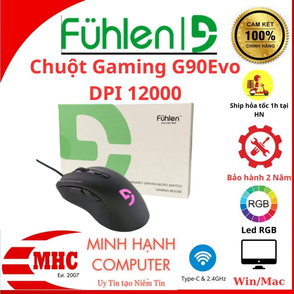 Chuột Gaming Fuhlen G90 Evo -DPI 12000 -App Chỉnh Marco -Led RGB -Hàng Chính Hãng Ninza -Bảo Hành 24 Tháng