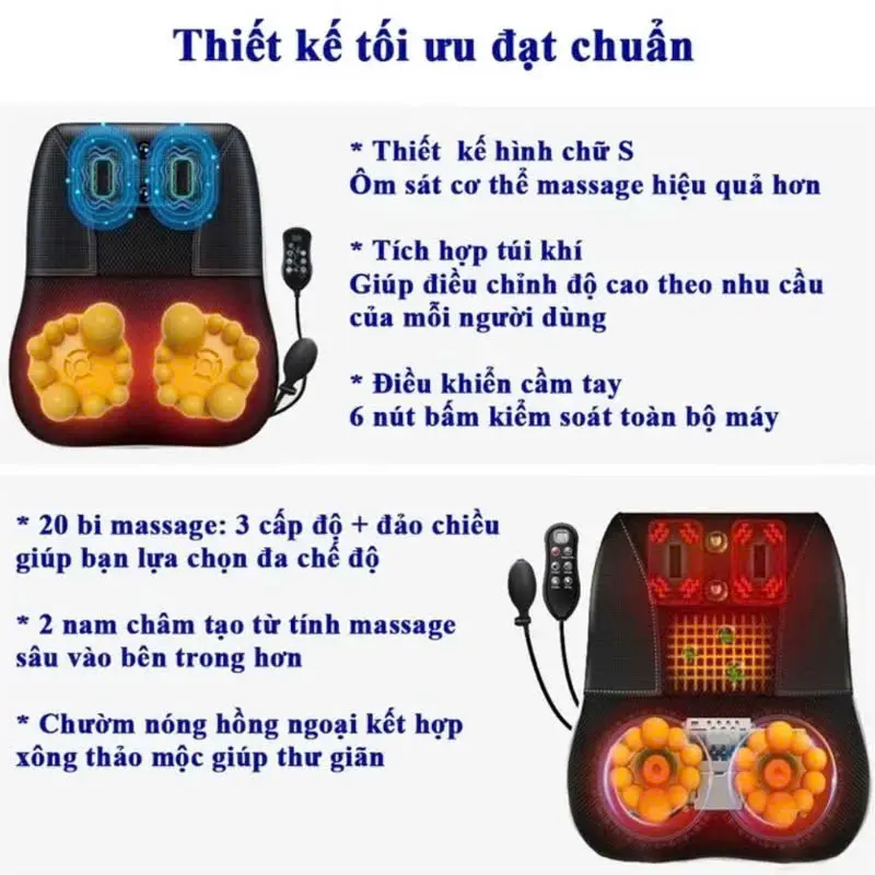 Gối massage hồng ngoại cao cấp có remote cầm tay động cơ rung, Máy mát xa cổ vai gáy lưng chân có nam châm từ tính, 20 bi xoay, bóp khí cầm tay hỗ trợ matxa toàn thân 3