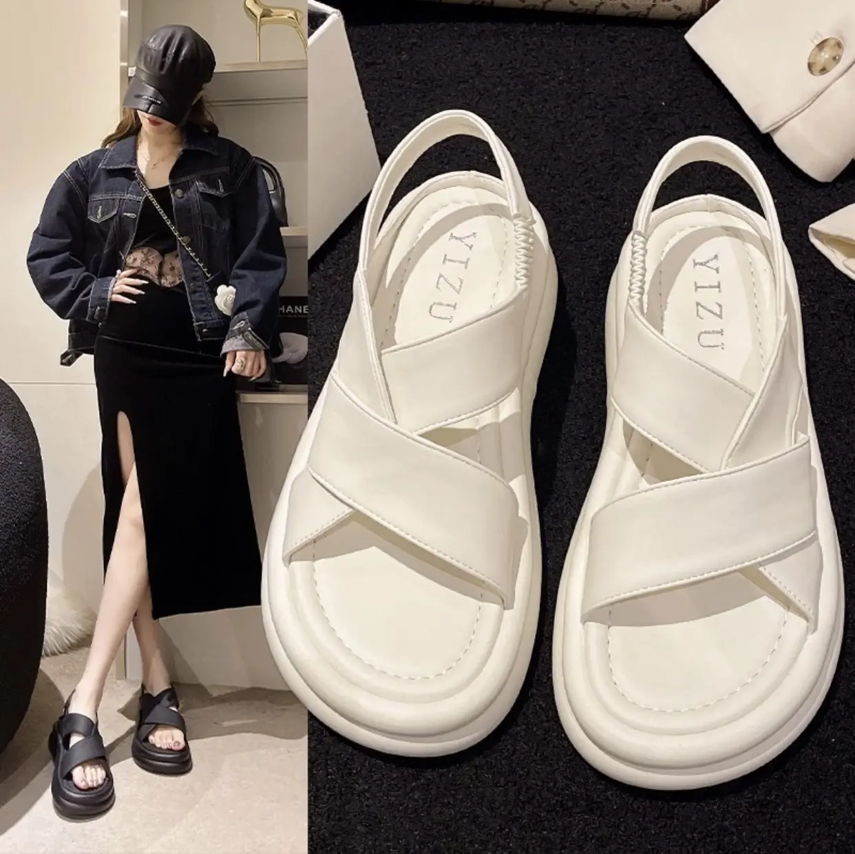 Sandal nữ thời trang quai chéo cách điệu chất da UMI siêu mềm