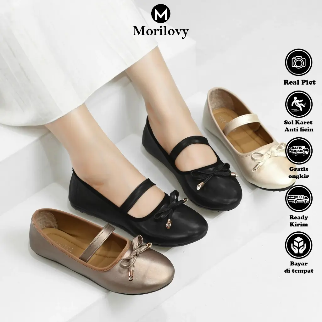 Morilovy Sepatu Balet Flat Shoes Wanita Sol Karet Hitam Kerja Elegan Murah Kekinian Korean Style Karet