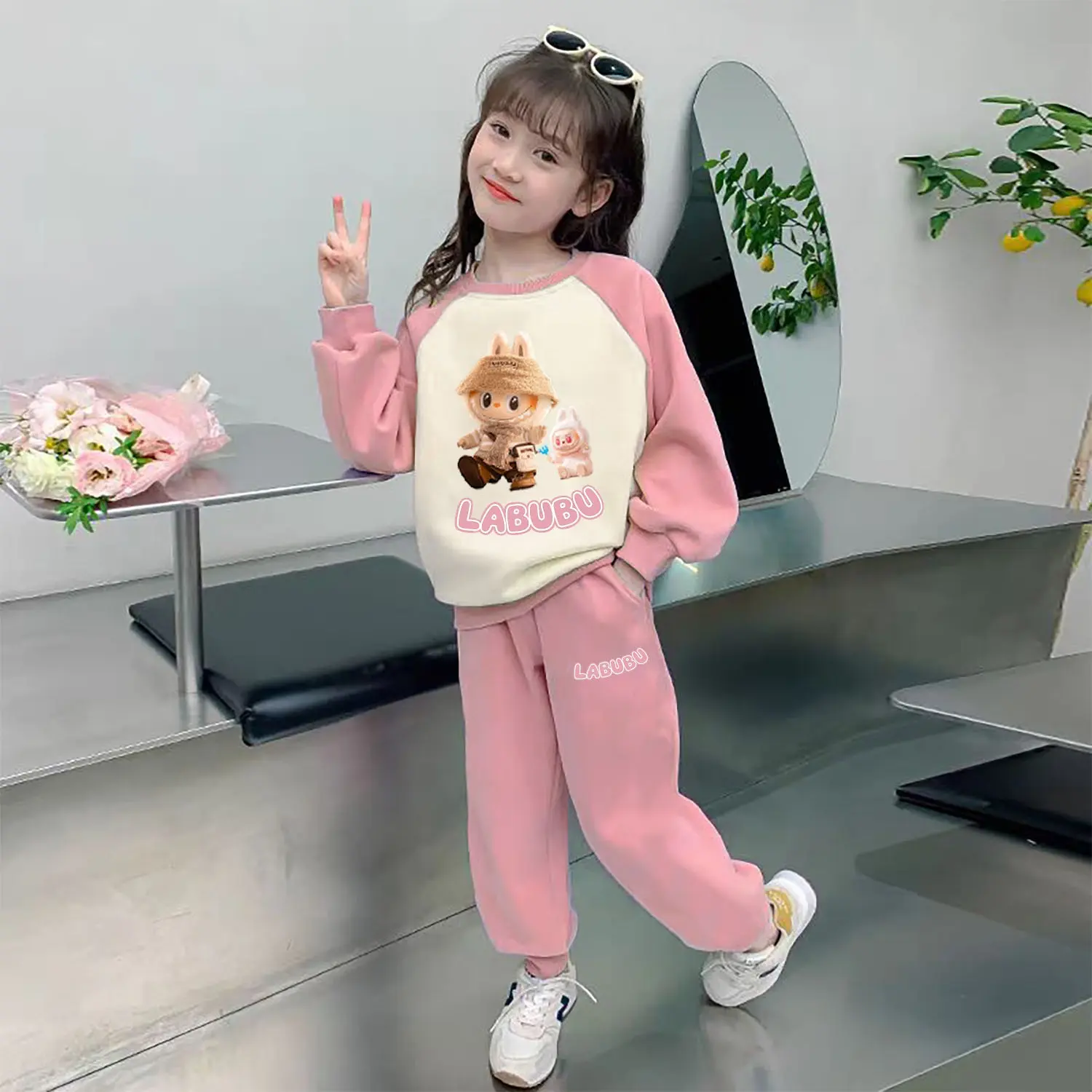 Set bộ quần áo thu đông LABUBU cho bé gái 15-45kg, chất dày dặn, co giãn. bộ quần áo thu đông cho bé gái 4-14 tuổi. bộ nỉ dài tay
