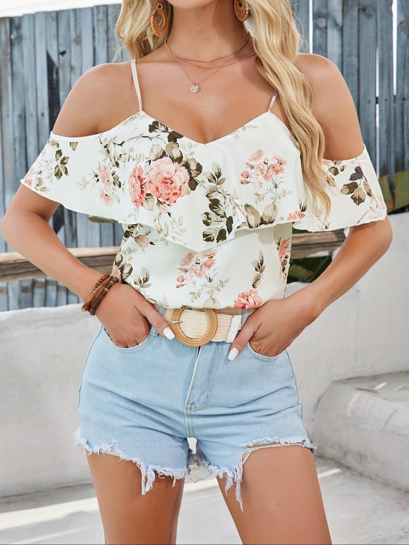 Product Introduction of Women's Floral Print Cold Shoulder Cami Blouse, Boho Ruffle Adjustable Strap Top for Summer, Ladies Clothes for Beach Holiday Vacation 1