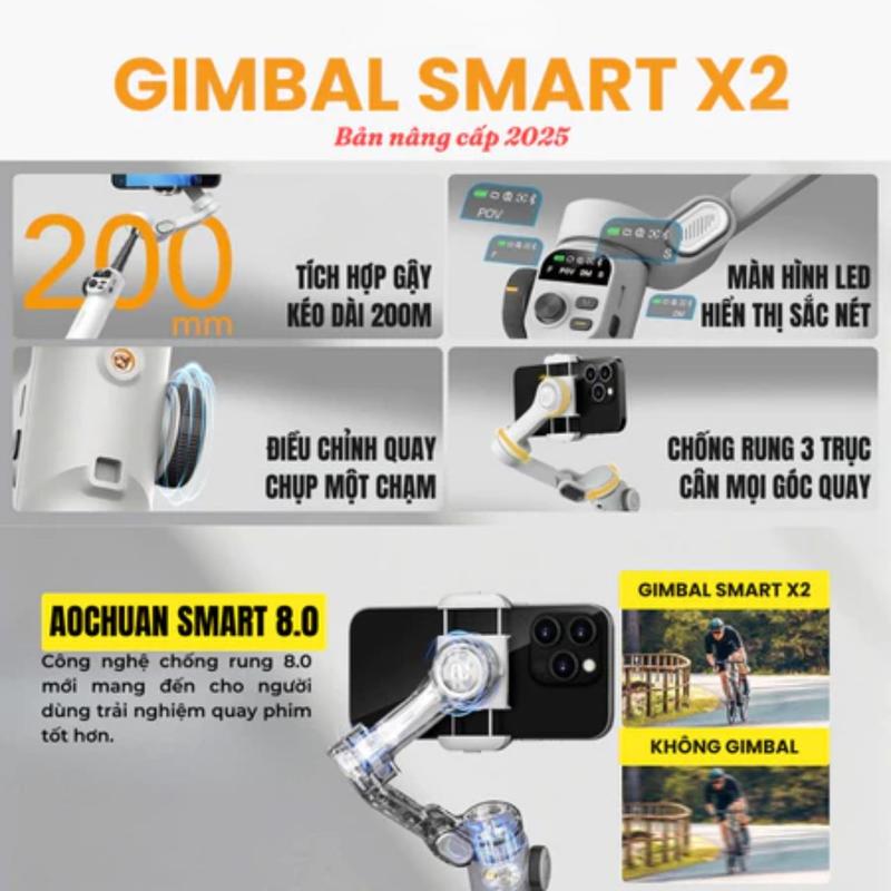 Gimbal Smart X2 Màu Đen, Bản Nâng Cấp Của Xpro-Sản Xuất 2025  , Chống Rung Ba Trục, Sử Dụng Tiếng Việt, Nhiều Tính Năng Thông Minh, Nhận Diện Khuôn Mặt, Theo Dõi Cử Trỉ... Quay Phim, Quay Điện Ảnh, Livestream Trực Tiếp tripod cán giadoxoay 360 1