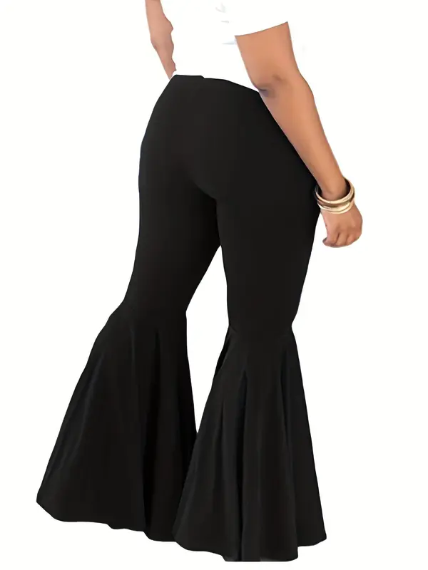 Plus Size Solid Elastic Waist Flare Leg Pants, Summer Clothes, Casual Bell Bottom Trousers for Daily Outdoor Wear, Women Plus Clothing for Summer 1
