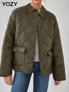 YOZY Women's Solid Button Front Pocket Drop Shoulder Quilted Winter Coat, Casual Long Sleeve Collared Outerwear for Fall & Winter, Ladies Clothes for Daily Wear